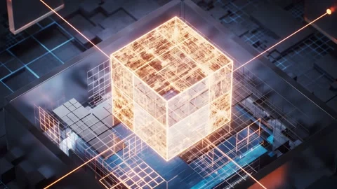 Abstract futuristic cube with glowing circuits and network connections, rep.. Stock Footage 332317564
