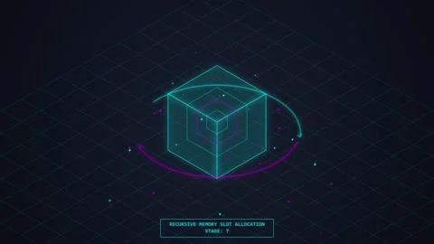 Abstract Futuristic Cube HUD Interface with Grid Background, Neon Glow Stock Footage 348413549