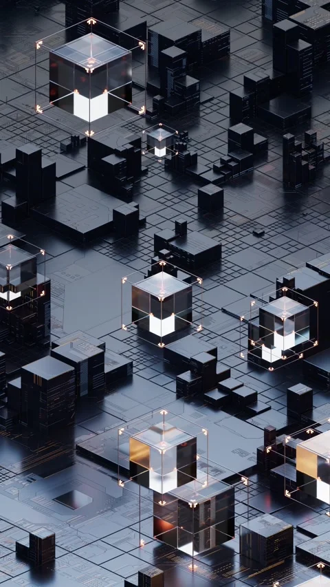 Abstract futuristic data server city with glowing cubes and cinematic motio.. 库存影片 332317563