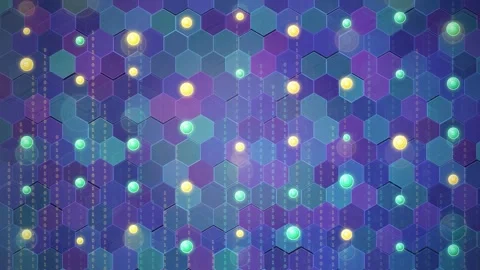 Abstract futuristic digital background with glowing hexagonal grid and floating Видео 343445607