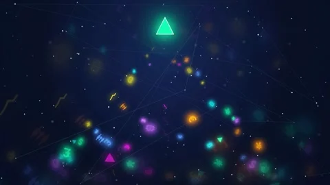 Abstract futuristic digital background with glowing neon triangles and floating Stock Footage 343874576