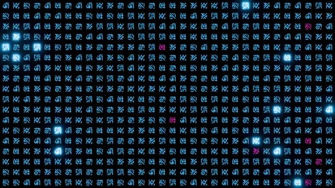 Abstract Futuristic Digital Blue Code Grid with Glowing Red Alien Symbols Stock Footage 332863871