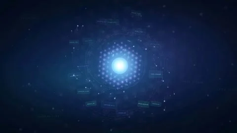 Abstract futuristic digital data interface with glowing blue light and rotating Stock Footage 340394974
