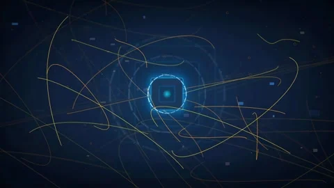 Abstract futuristic digital hud interface with glowing blue circles and flowing Stock Footage 336778542