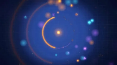 Abstract futuristic digital interface with glowing orange circular elements and Stock Footage 341829353
