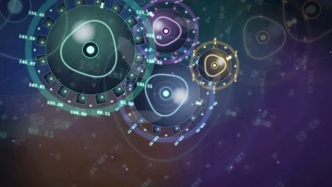 Abstract Futuristic Digital Interface with Glowing HUD Elements and Floating Stock Footage 343439384