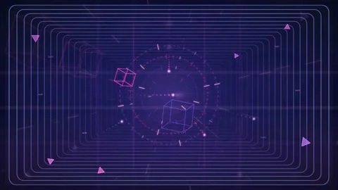 Abstract futuristic digital interface with rotating 3D wireframe cubes and Stock Footage 339318156