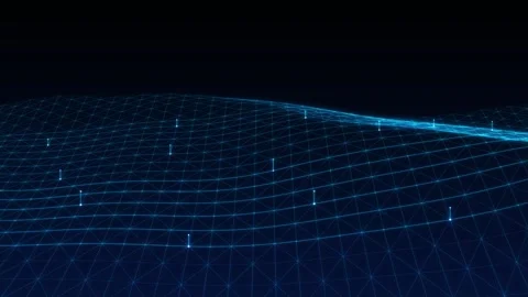 Abstract futuristic digital landscape featuring a glowing blue wireframe me.. Stock Footage 346068227