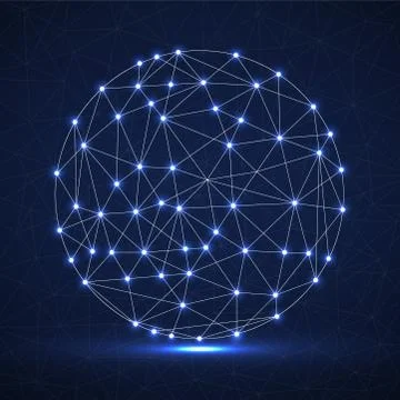 Abstract futuristic globe sphere, network connections with glowing dots and Stock Illustration