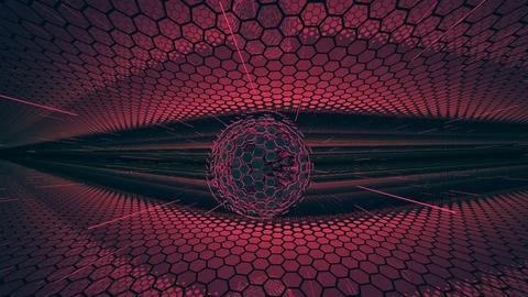 Abstract futuristic hexagonal sphere in a vibrant red and dark digital tunnel イラスト素材