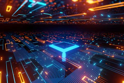 Abstract futuristic Microchip Data flow in a motherboard glowing light backgr Stock Illustration
