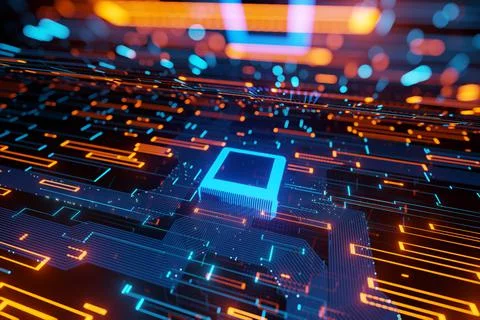 Abstract futuristic Microchip Data flow in a motherboard glowing light backgr Stock Illustration