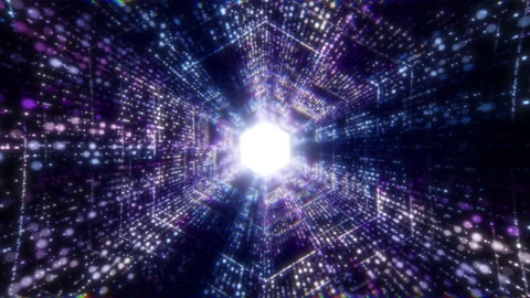 Abstract futuristic sci fi warp tunnel with particle grid. Futuristic big data Stock Footage 135455013