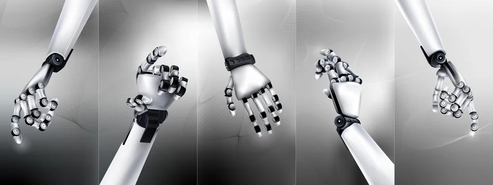 Abstract futuristic set of bionic hands in gray tones Stockillustratie
