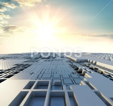 Abstract futuristic surface of a spaceship with dramatic sunrise Stock Illustration