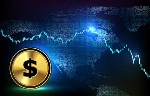 Abstract futuristic technology background of dollar coin, digital world maps  Stockillustratie