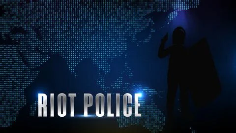 Abstract futuristic technology blue background of silhouette riot police and  库存插图