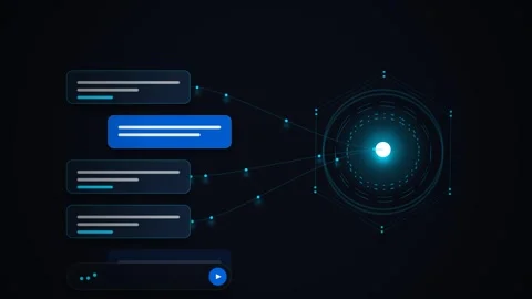 Abstract Futuristic Technology UI with Glowing Nodes and Chat Boxes Motion Stock Footage 344829836