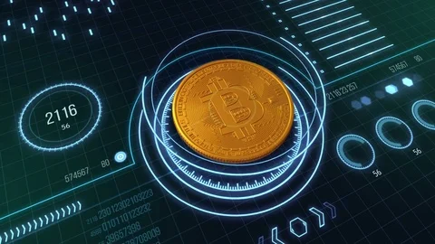 Abstract futuristic virtual user interface with golden bitcoin. Stock Footage 84823772