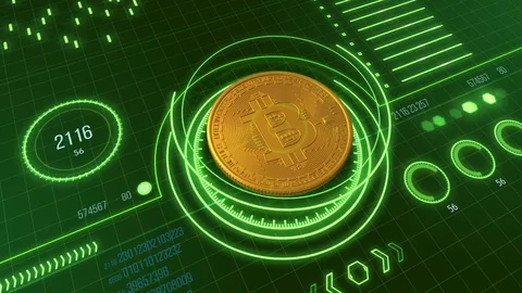 Abstract futuristic virtual user interface with golden bitcoin. Stock Footage 84824446