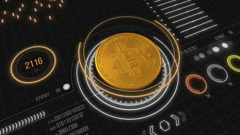 Abstract futuristic virtual user interface with golden bitcoin. Stock Footage 84825176