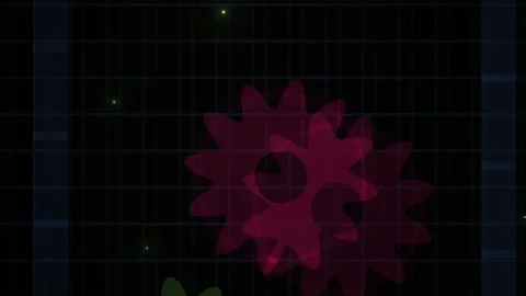Abstract Gears Rotating on Dark Grid Background with Blue Vertical Line. Stock Footage 333913347
