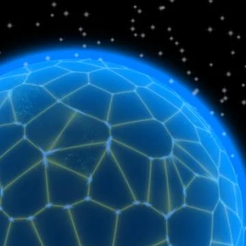 Abstract generated blue planet with yellow net on black sky with stars Stock Illustration