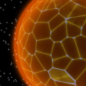 Abstract generated orange planet with yellow net on black sky with stars Stock Illustration