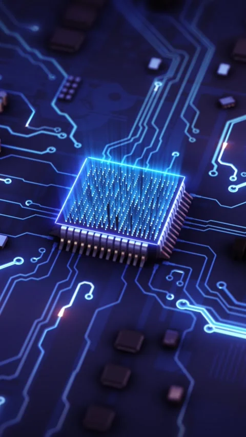 Abstract generic circuits and cpu forming AI Accelerated motherboard. Blue techn Stock Footage 341895367