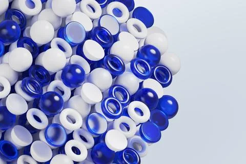 Abstract geometric 3d background with many glass and plastic shapes - sphere Stock Illustration