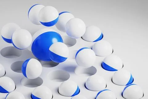 Abstract geometric 3d background with white and blue balls in round recesses Stock-Illustration