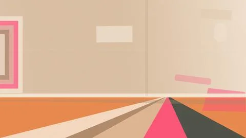 An abstract geometric 3D corridor glows in orange, pink, and beige tones, c.. Stock Illustration