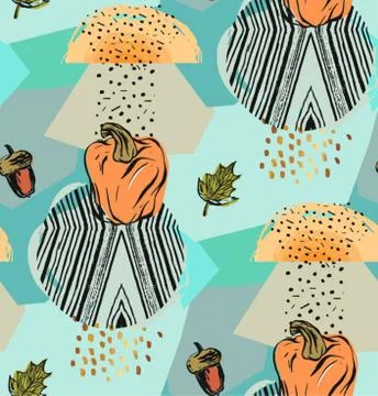 Abstract geometric autumn seamless pattern with pumpkins,acorns,leaves fall Stock Illustration