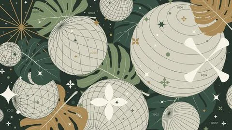Abstract geometric background with 3d circle wireframe shapes and tropical .. Stock Illustration