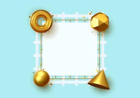 Abstract geometric background. 3D Shapes, golden color spheres, torus, cones. Stock Illustration