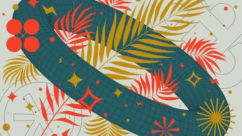 Abstract geometric background with 3d torus frame wireframe form with tropi.. Stock Illustration