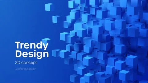 Abstract geometric background with blue 3d flying cubes. Modern abstract Stock Illustration
