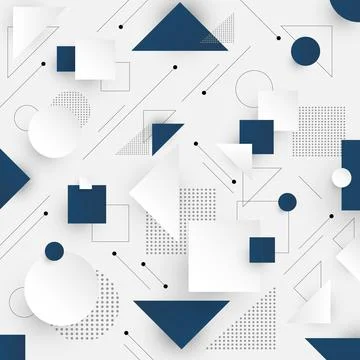 Abstract geometric background with blue and white triangles circles and squ.. Illustrazione stock