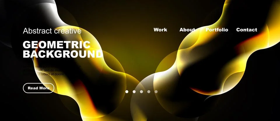 Abstract geometric background features flowing shapes, text, navigation menu. Illustration