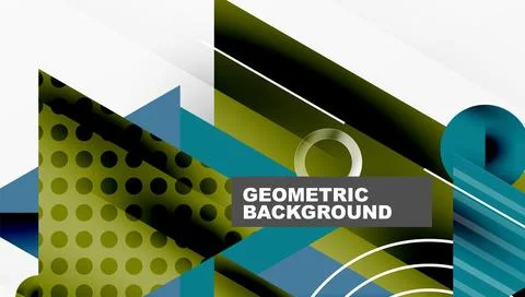 Abstract geometric background features shapes, lines, dots. Colors include green Stock Illustration