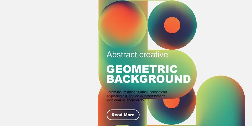 Abstract geometric background features vibrant colors, shapes, text, button. 스톡 일러스트