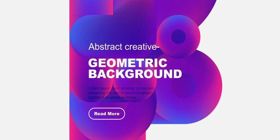 Abstract geometric background features vibrant overlapping shapes, text, button. Stock Illustration