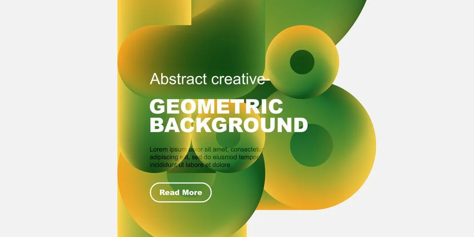 Abstract geometric background features vibrant overlapping shapes, text, button. 스톡 일러스트