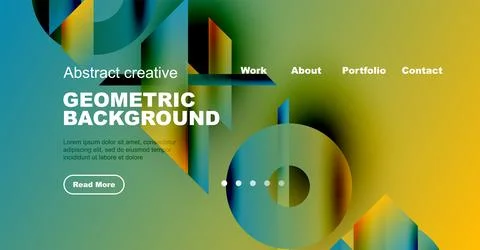 Abstract geometric background features vibrant colors, gradients, text elements, Stock Illustration