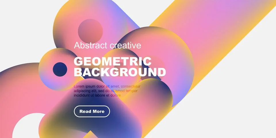 Abstract geometric background features vibrant colors, shapes, text, button. Illustrazione stock
