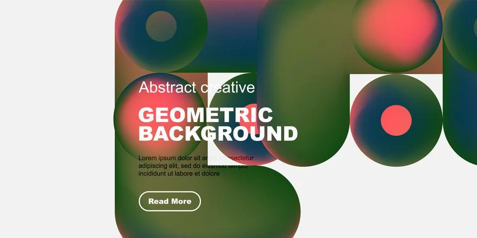 Abstract geometric background features vibrant overlapping shapes, text, button. Illustrazione stock