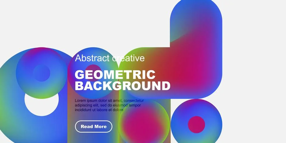 Abstract geometric background features vibrant shapes, text, button. Modern Illustrazione stock