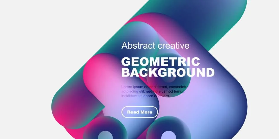 Abstract geometric background features vibrant fluid shapes, text, button. Stockillustratie
