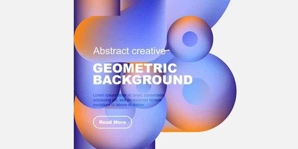Abstract geometric background features vibrant colors, shapes, text, button. Illustrazione stock