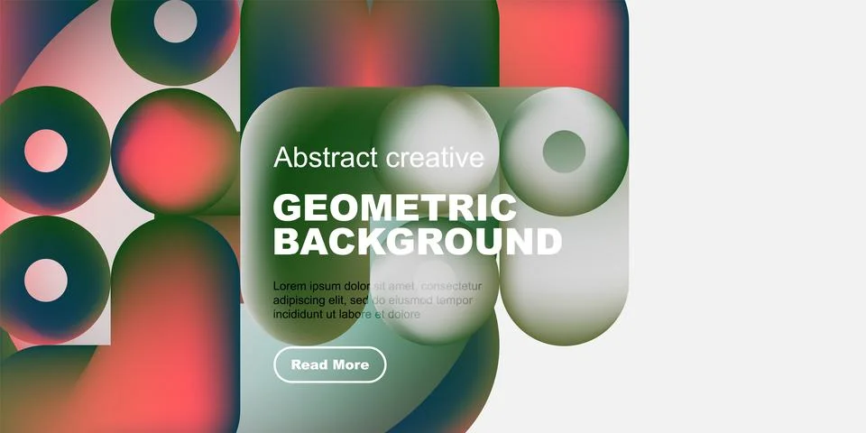 Abstract geometric background features vibrant colors, shapes, text, button. Stockillustratie